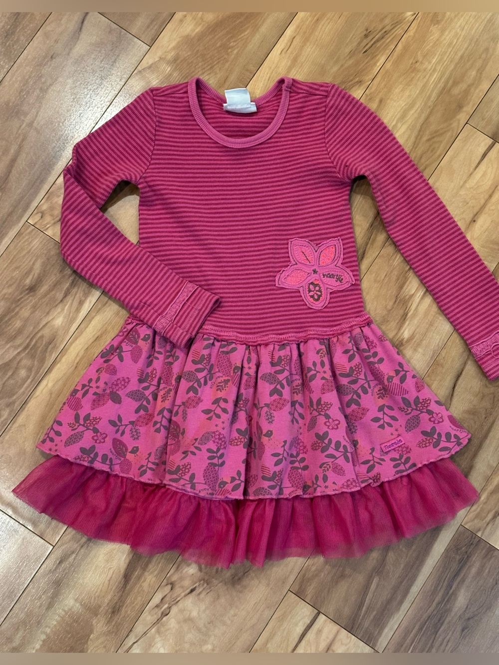 Naartjie Girls Magenta Floral Tutu Dress Size 4 Long Sleeve Flower Appliqué